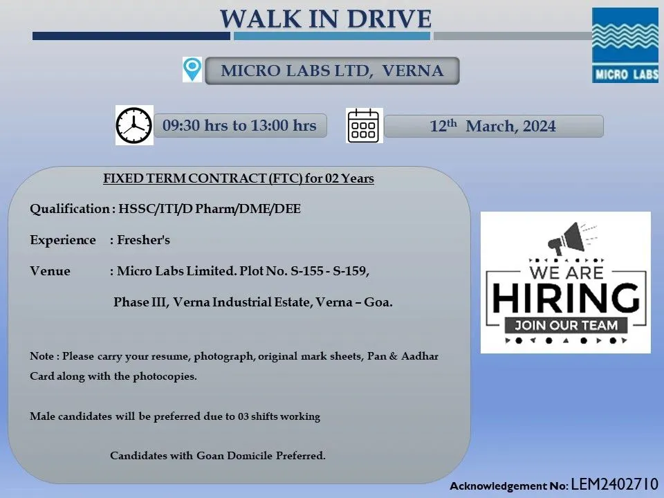 Micro Labs Limited - Walk-In Interviews for FRESHERS 12th Mar 2024